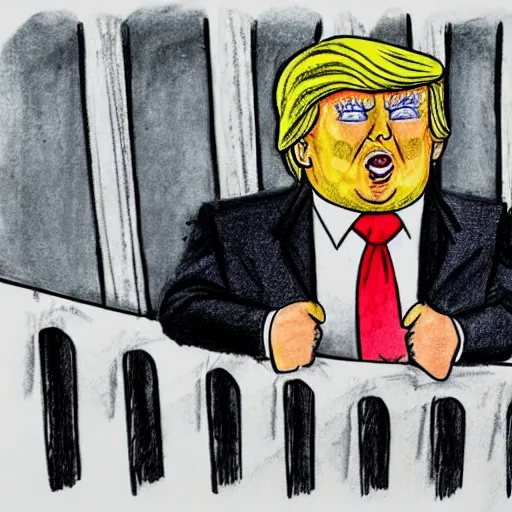 Prompt: a color ink drawing of donald trump with derp eyes being behind bars wearing a stripped pijama