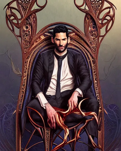 Image similar to tom ellis ( lucifer ) portrait sitting in art nouveau burning chair, fantasy, intricate devilish designs, elegant, highly detailed, sharp focus, art by artgerm and greg rutkowski and wlop