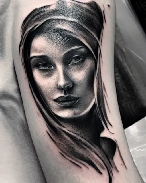 Prompt: tattoo design sketch of a beautiful woman face next to a faded background of beautiful mountains, hyper - realistic, in the style of den yakovlev, amazing detail, black and white