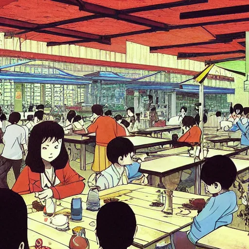 Image similar to a hawker centre, by satoshi kon