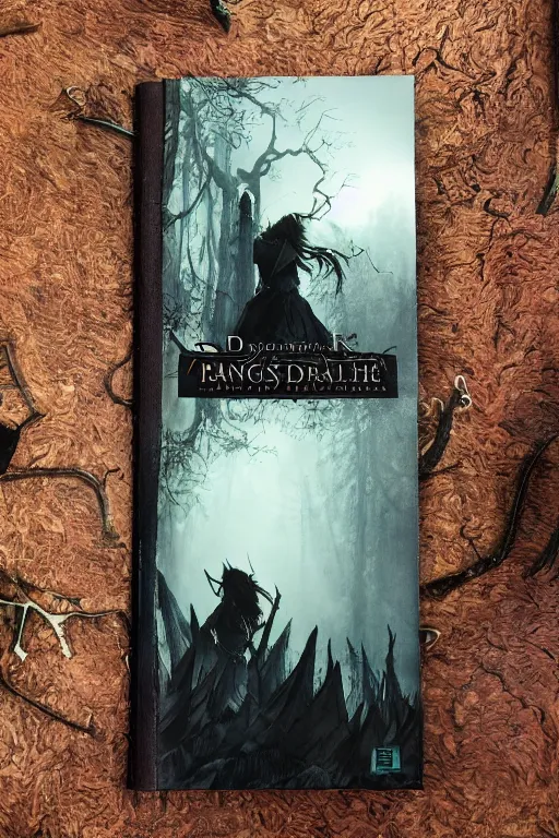 Image similar to dramatic dark forest scenery, girl with fangs in hide leather armor, D&D book-cover without text