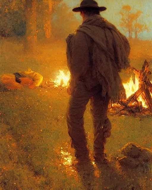 Image similar to very very attractive man counts the stars at night from beside the fire, his tent is nearby, melancholy, nostalgia, painting by gaston bussiere, craig mullins, j. c. leyendecker