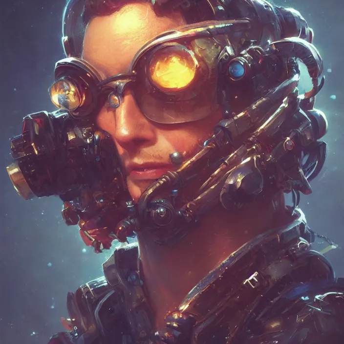 Prompt: a head and shoulders portrait of a space pirate, neon, retro, steampunk, smooth, sharp focus, intricate, artstation, detailed concept art by Greg Rutkowski and Norman Rockwell and artgerm