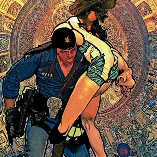 Image similar to The punisher putting a cop in a headlock. Concept art by James Gurney, Alphonso Mucha. Vivid color scheme.