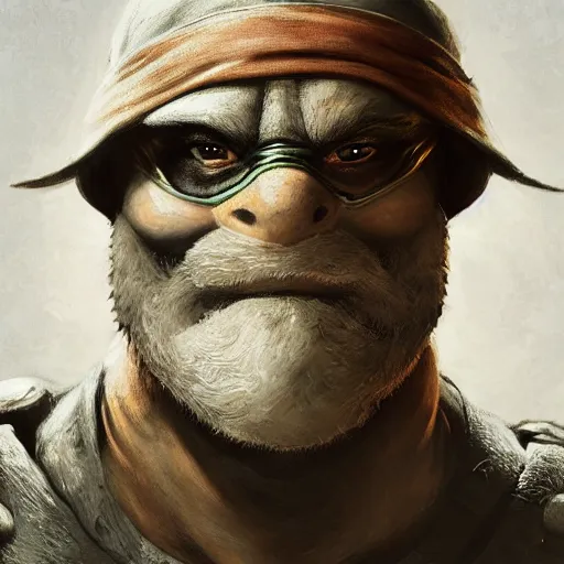 Image similar to teenage mutant ninja turtle, michelangelo, old, white beard, wrinkles, handsome, portrait, profile, intricate, detailed, volumetric lighting, scenery, digital painting, highly detailed, artstation, sharp focus, illustration, concept art, ruan jia, steve mccurry