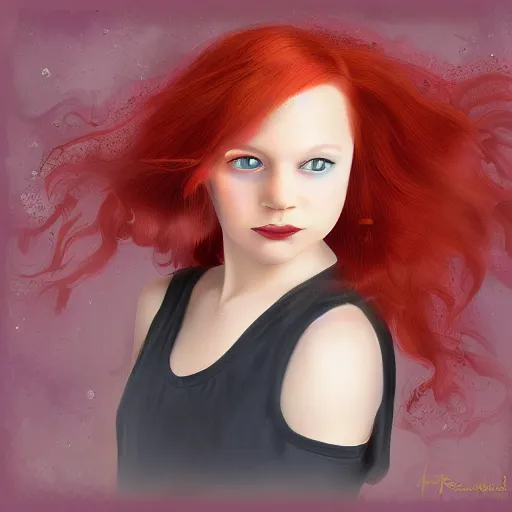 Image similar to a digital art painting of a red haired teen witch, hyperealism, award winning