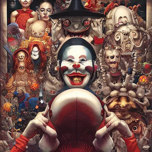 Image similar to 🔞☦🤡, rotary symmetrical, dynamic lighting, darker, not mirroring, detailed, by bambang nurdianshyah, garis edelweiss, roby dwi antono and dan mumford, ayami kojima, takato yamamoto, barclay shaw, karol bak, yukito kishiro, norman rockwell