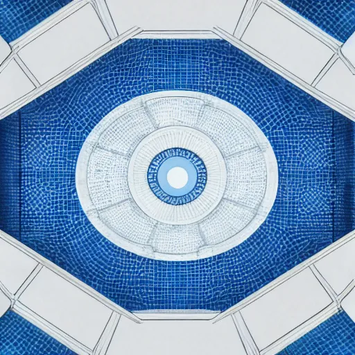 Prompt: a very large empty pool, liminal space, white and blue ceramic tile ceiling, symmetrical centered view, octane render, sharp focus, very coherent