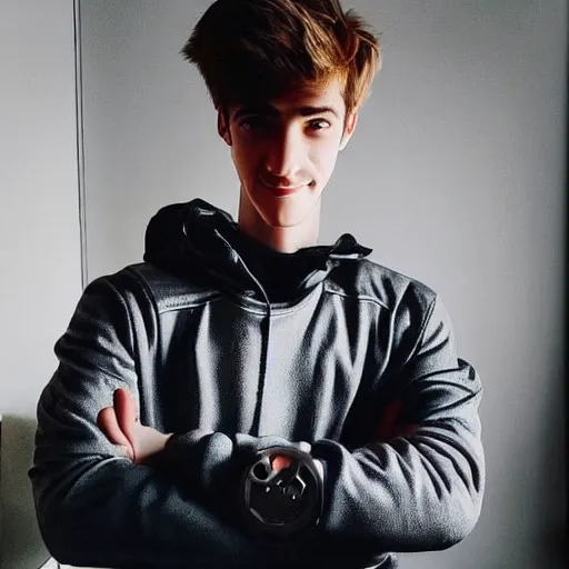 Image similar to “a realistic detailed photo of a guy who is an attractive humanoid who is half robot and half humanoid, who is a male android, twitch streamer Ninja Tyler Blevins, shiny skin, posing like a statue, blank stare, gaming room”