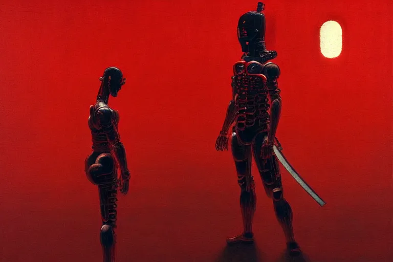 Image similar to only with red, a red cyborg samurai, tokio futuristic in background, some evil yokai, in the style of beksinski, parts by edward hopper, parts by rodcenko, parts by yue minjun, intricate and epic composition, red by caravaggio, insanely quality, highly detailed, masterpiece, red light, artstation, 4 k