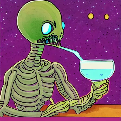 Image similar to an alien drinking horchata, detailed, tarot card