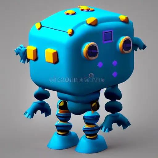 Image similar to chubby cute mobile game robot, 1 0 0 mm, 3 d render, isometric, blue background,