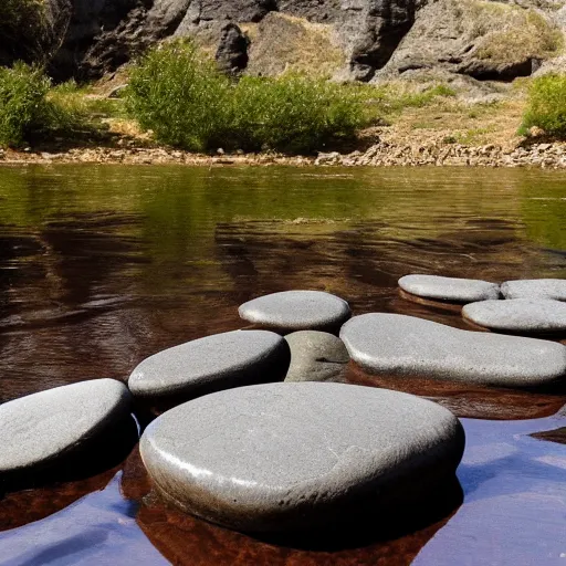 Image similar to detailed footage of european hunger stones in a river, photographic journalism, realistic, european river, carvings of drought and famine