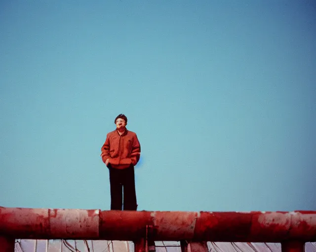 Image similar to lomo photo of man standing on the roof of soviet hrushevka, small town, cinestill, bokeh, out of focus