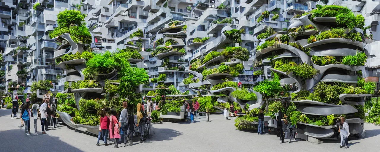 Image similar to futuristic village marketplace, with snail-shaped biomimetic architecture, vertical vegetable gardens, in a village street, with beautiful minimalist houses in the background XF IQ4, 150MP, 50mm, F1.4, ISO 200, 1/160s, natural light