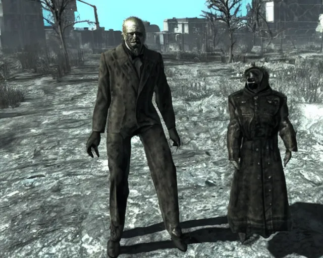 Prompt: Janusz Korwin-Mikke in the centre of a screenshot from the game Fallout: New Vegas (2010), screenshot of an NPC from Fallout: New Vegas (2010)