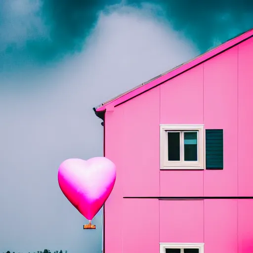 Image similar to a 5 0 mm lens photograph of a cute pink floating modern house, floating in the air between clouds, inspired by the movie up, held up from above by a heart - shaped ballon. mist, playful composition canon, nikon, award winning, photo of the year