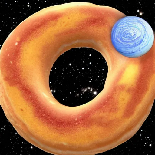 Image similar to humans discovering a lush donut shaped planet in deep space