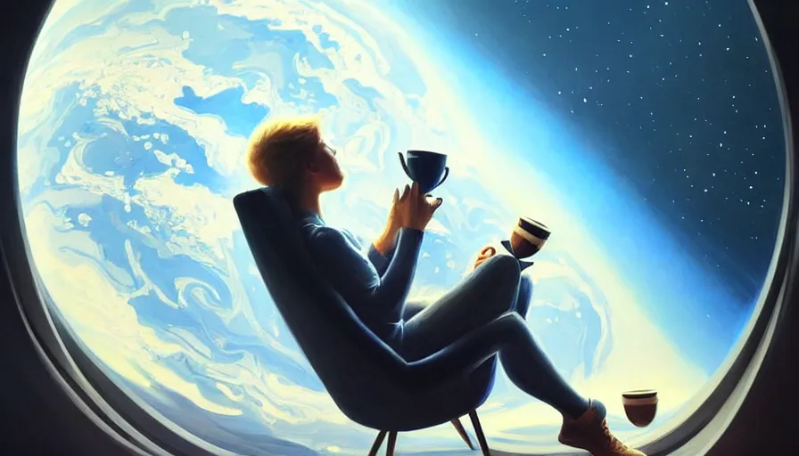 Prompt: beautiful painting of astronaut sitting in sofa with cup of coffee looking at far earth, wide shot, digital painting, intricate details, trending on artstation, concept art, octane render, realistic, highly detailed, smooth, sharp focus, beautiful, 4 k, 8 k, hd, art by charlie bowater and artgerm and greg rutkowski