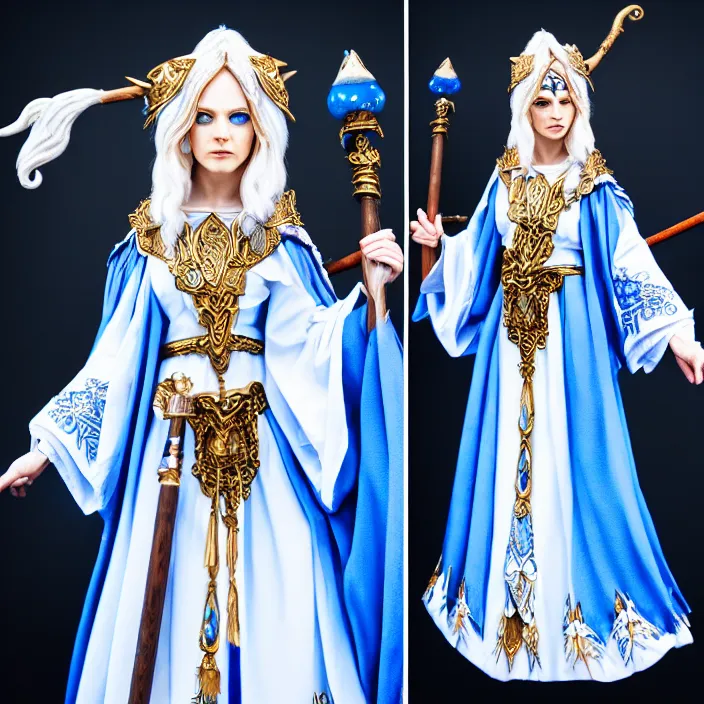 Image similar to photograph of a real-life beautiful sky witch with ornate white and blue robes and staff. Extremely detailed. 8k