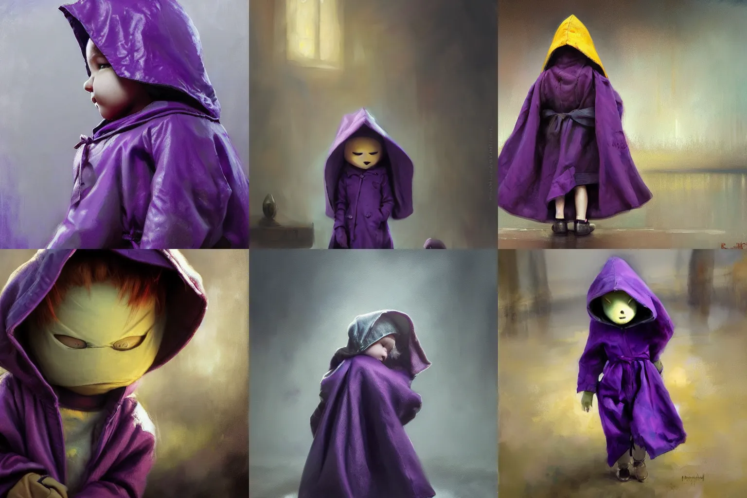 Prompt: Little nightmares, purple raincoat, cuddling her gremlings, painted by raymond swanland