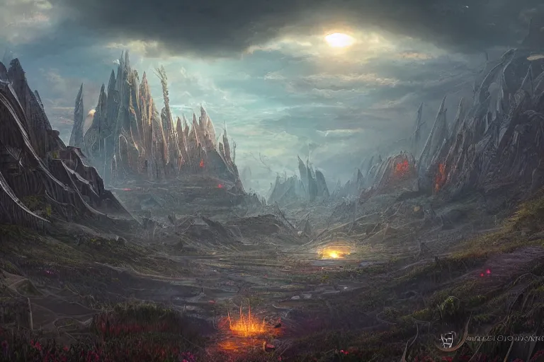 Prompt: the primordial Aztec chaos fantasy landscape by Jessica Rossier and HR Giger