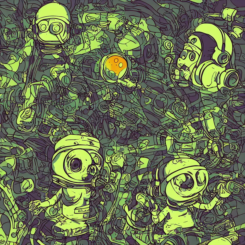 Prompt: a toad wearing headphones, ryuta ueda artwork, breakcore, style of jet set radio, y 2 k, gloom, space, cel - shaded art style, sacred geometry, data, minimal, code, cybernetic, dark, eerie, cyber