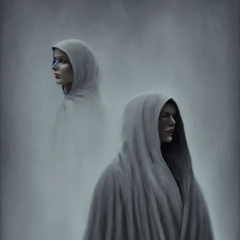 Image similar to Portrait of a young woman wearing a hooded robe, anatomically correct, perfect face, cinematic lighting, candid, intricate, elegant, highly detailed digital painting, trending on Artstation, concept art, smooth, sharp focus, illustration and art by Beksinski, by Simon Stalenhag