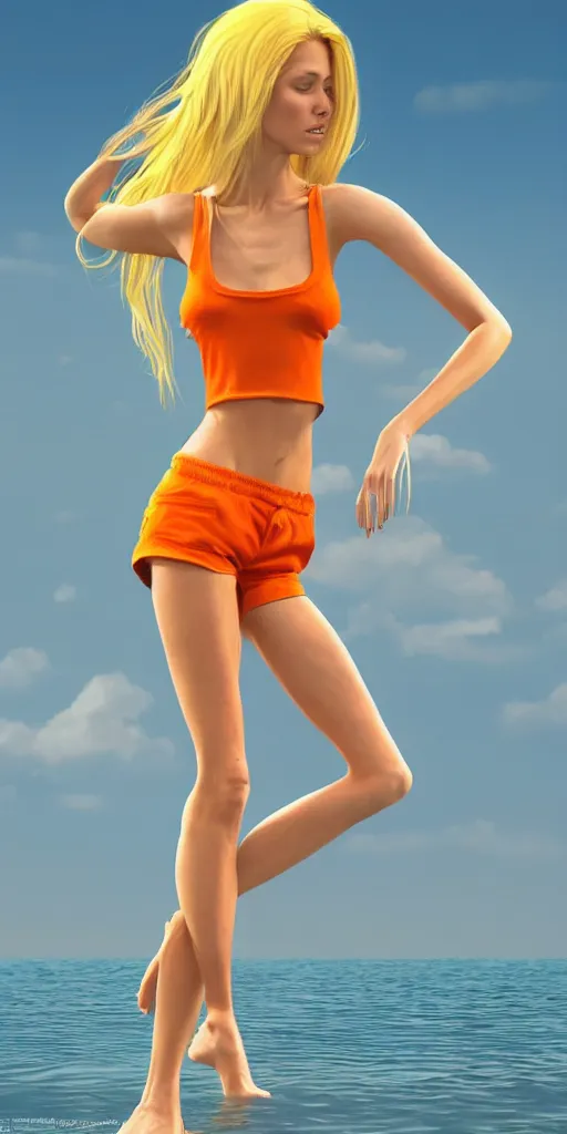 Image similar to a gorgeous woman with very long hip-length blonde hair, wearing a cut-off white top and orange cut-off shorts standing by the water, in the style of mario testino and annie liebovitz and artgerm and moebius, photorealistic, highly detailed, trending on artstation