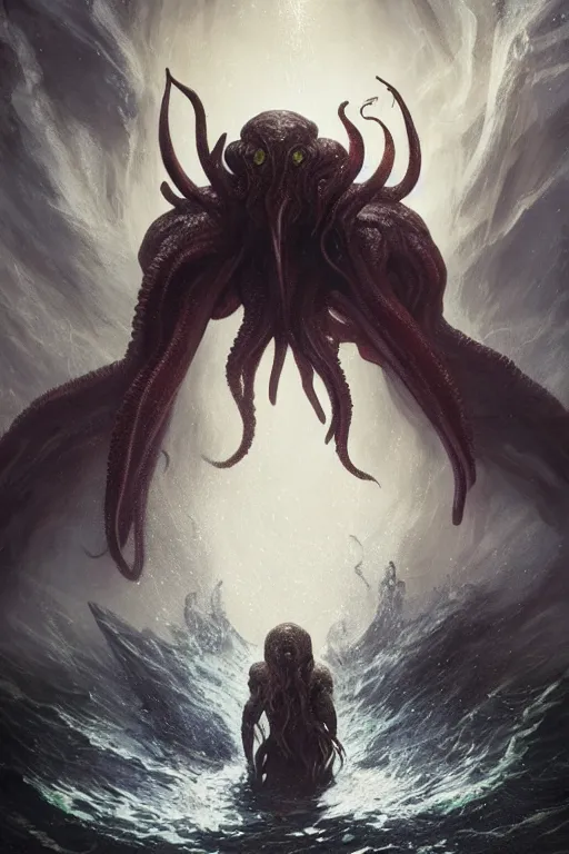 Image similar to cthulhu emerging from the ocean with wings spread, digital art, magic the gathering, a mountain walked or stumbled, mtg, by greg rutkowski, trending on artstation