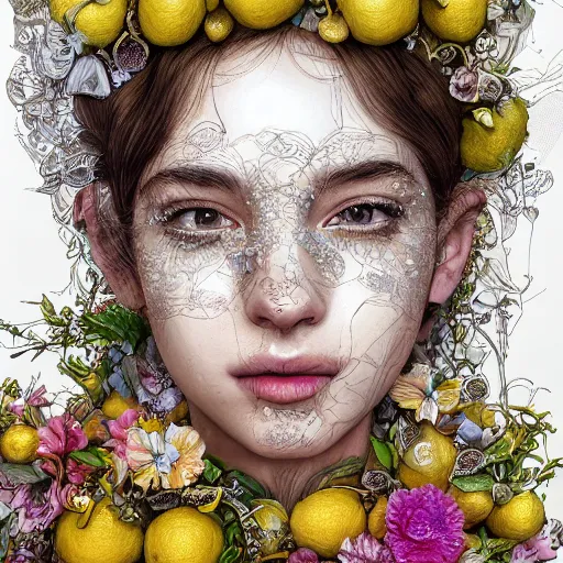 Image similar to the portrait of an absurdly beautiful, graceful, elegant, sophisticated, young teen girl made up of lemons looking up, an ultrafine hyperdetailed illustration by kim jung gi, irakli nadar, intricate linework, bright colors, octopath traveler, final fantasy, unreal engine 5 highly rendered, global illumination, radiant light, detailed and intricate environment