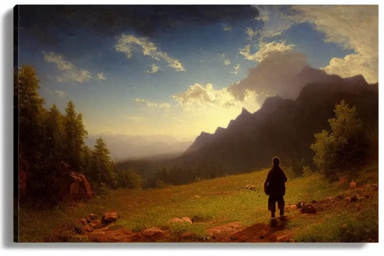 Image similar to a traveler wandering trough the mountains looking at the clouds, hyperdetailed, focused, oil painting, cinematic lighting, albert bierstadt, trending on artstation, colorful, canvas, sunset, hans dahl, theodor kittelsen, hermann hendrich, national geographic, Konstantin Yakovlevich Kryzhitsky, beautiful nature