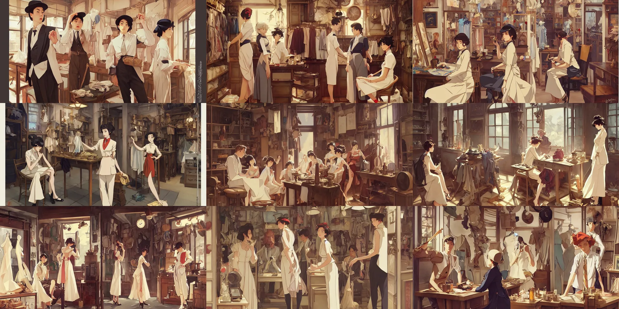 Prompt: tailoring shops, in the style of studio ghibli, j. c. leyendecker, greg rutkowski, artgerm