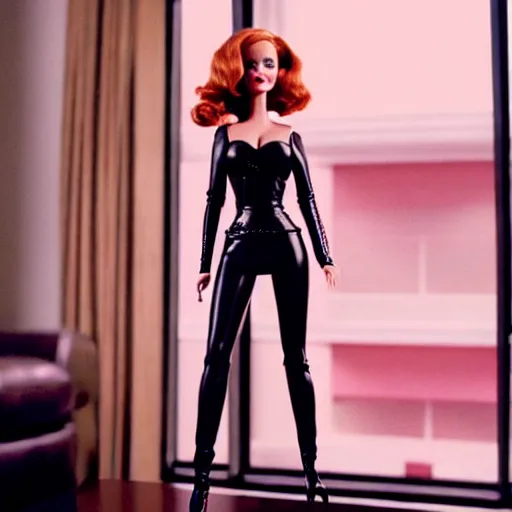 Image similar to amazing beautiful Christina Hendricks barbie doll wearing leather in the living room, film still from the movie directed by Denis Villeneuve , wide lens