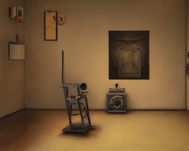 Prompt: a painting of a confusing minimalistic room with a few unusual artifacts, an airbrush painting by breyten breytenbach, cgsociety!, neo - primitivism