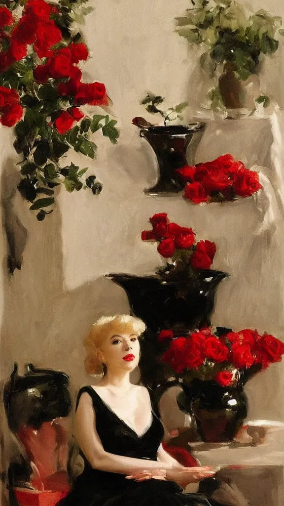 Image similar to beautiful young julee cruise in lace dress beside a pot of red roses set near a persian pot by john singer sargent