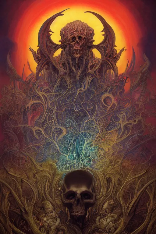 Image similar to gigantic psychedelic demonic skull lord of death and fire, fantasy painting, ultra realistic, wide angle, art nouveau, intricate details, rainbowshift, vivid colors, highly detailed by peter mohrbacher, h. r. giger, maxfield parrish, gaston bussiere, gustave dore, beksinski, craig mullins, octane render, cgi