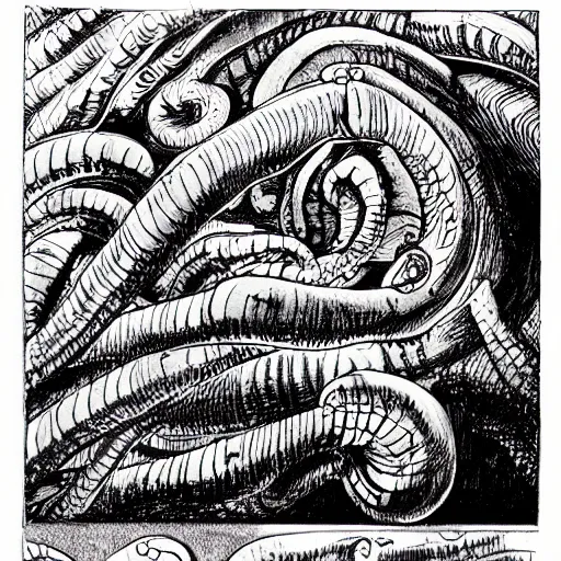 Image similar to intricate snails entwined in horrible agency and agony in the deepest dungeons of hell, by Junji Ito and Dave McKean