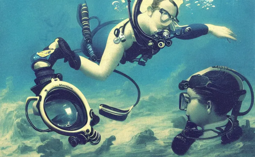 Image similar to vaporwave of 1 9 0 0's scuba diver by adolphe millot