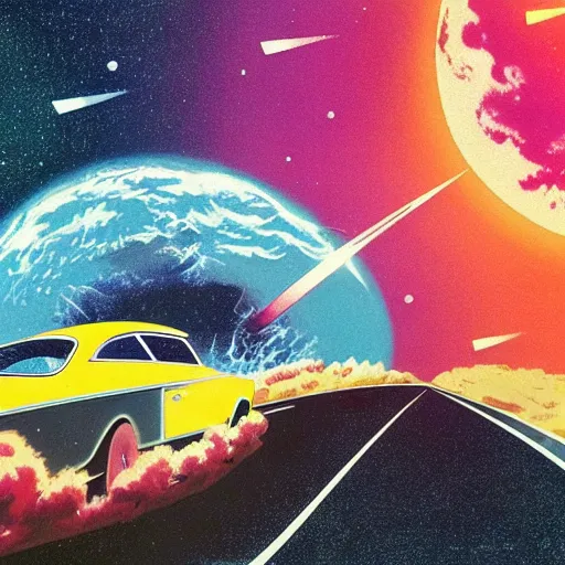 Prompt: 1960s car on a road in space driving towards a planet, synthwave