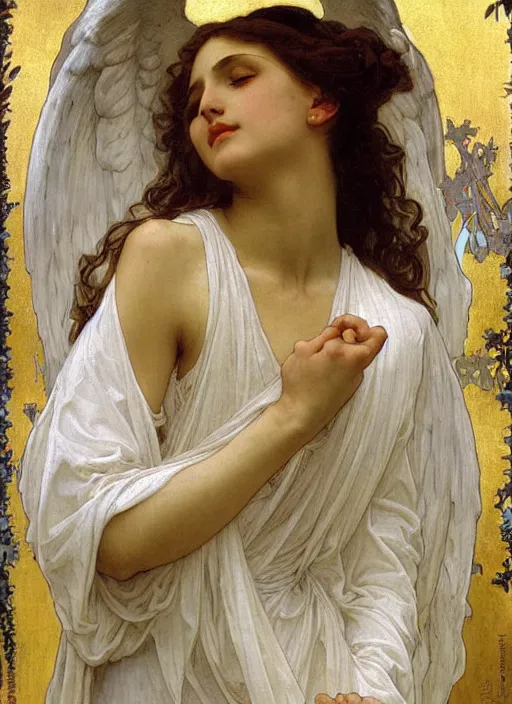 Image similar to painting of a beautifully robed angel with huge white feather wings, intricate, elegant, hyperdetailed, by alphonse mucha and william - adolphe bouguereau and john william waterhouse