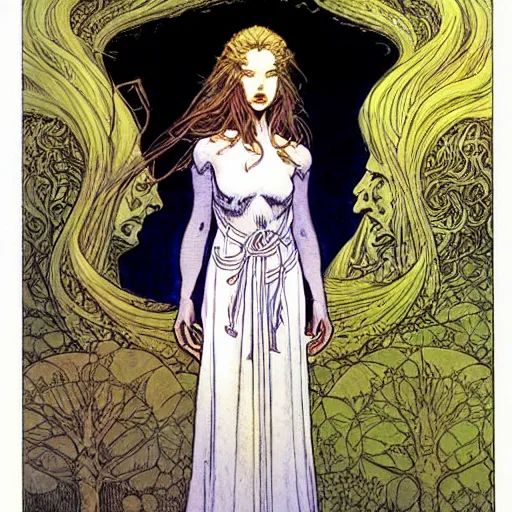 Image similar to a beautiful portrait of sanna!!!!! marin!!!!!, the young female prime minister of finland as a druidic wizard by rebecca guay, michael kaluta, charles vess and jean moebius giraud