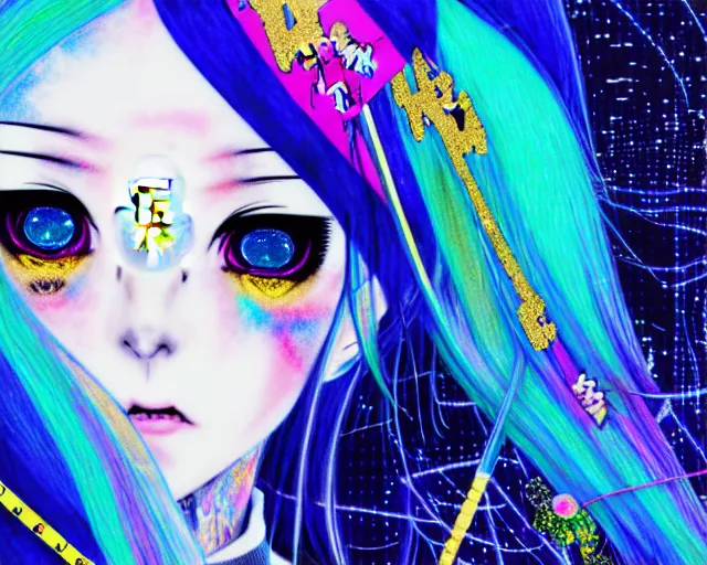 Image similar to neo tokyo japanese anime kawaii decora hologram of rimuru tempest, sky blue hair, golden yellow eyes, wearing black stylish clothing, holography, irridescent, baroque visual kei glitch art, a detailed pencil portrait with watercolor of a beautiful monster high doll, by sabrina eras, alice x. zhang, agnes cecile, blanca alvarez