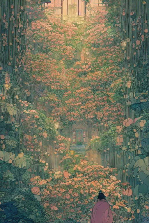 Image similar to a beautiful hyperdetailed matte illustration victo ngai style of absolutely beautiful blooming flower house alone, perfectly shaded, atmospheric lighting, style of studio ghibli, makoto shinkai, raphael lacoste, louis comfort tiffany, artgerm, james jean, ross tran, chinese style