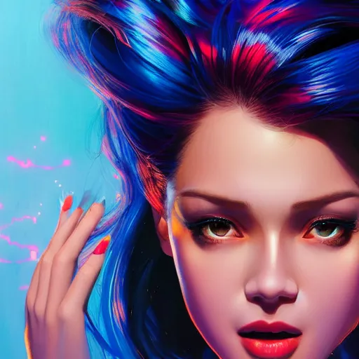 Image similar to screaming hologram woman with cute - fine - face, pretty face, oil slick hair, realistic shaded perfect face, extremely fine details, by realistic shaded lighting, dynamic background, poster by ilya kuvshinov katsuhiro otomo, magali villeneuve, artgerm, jeremy lipkin and michael garmash and rob rey, pascal blanche, kan liu