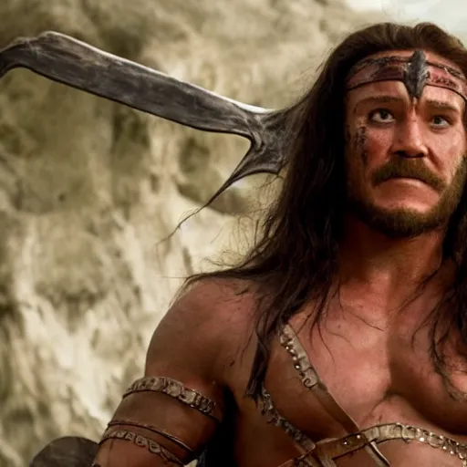 Image similar to Tom Holland as Conan the Barbarian. Movie still frame. Heroic. 4K UHD