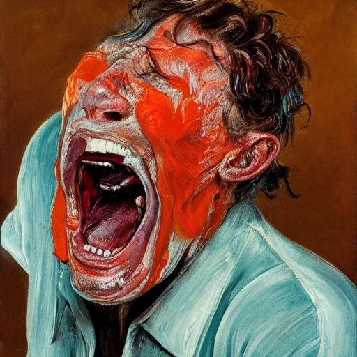 Image similar to high quality high detail painting of a man screaming in agony by lucian freud and jenny saville and francis bacon, hd, anxiety, turquoise and orange