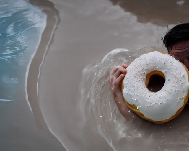 Prompt: a massive porcelain sculpture of a funny squashed human face on the ocean water, licking a donut, cinematic, hyper - realistic, very detailed, realistic water splashes, ray tracing, 8 k resolution, long - shot, sharp focus, low angle, 8 5 mm photograph, wide lens