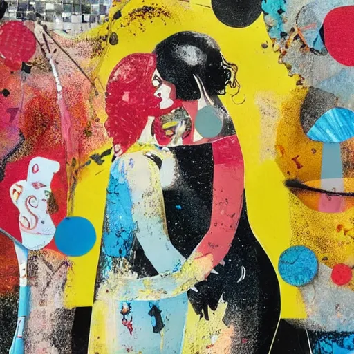 Image similar to two curvy women kissing at a carnival at dusk, mixed media collage, retro, paper collage, magazine collage, acrylic paint splatters, bauhaus, abstract claymation, layered paper art, sapphic visual poetry expressing the utmost of desires by jackson pollock