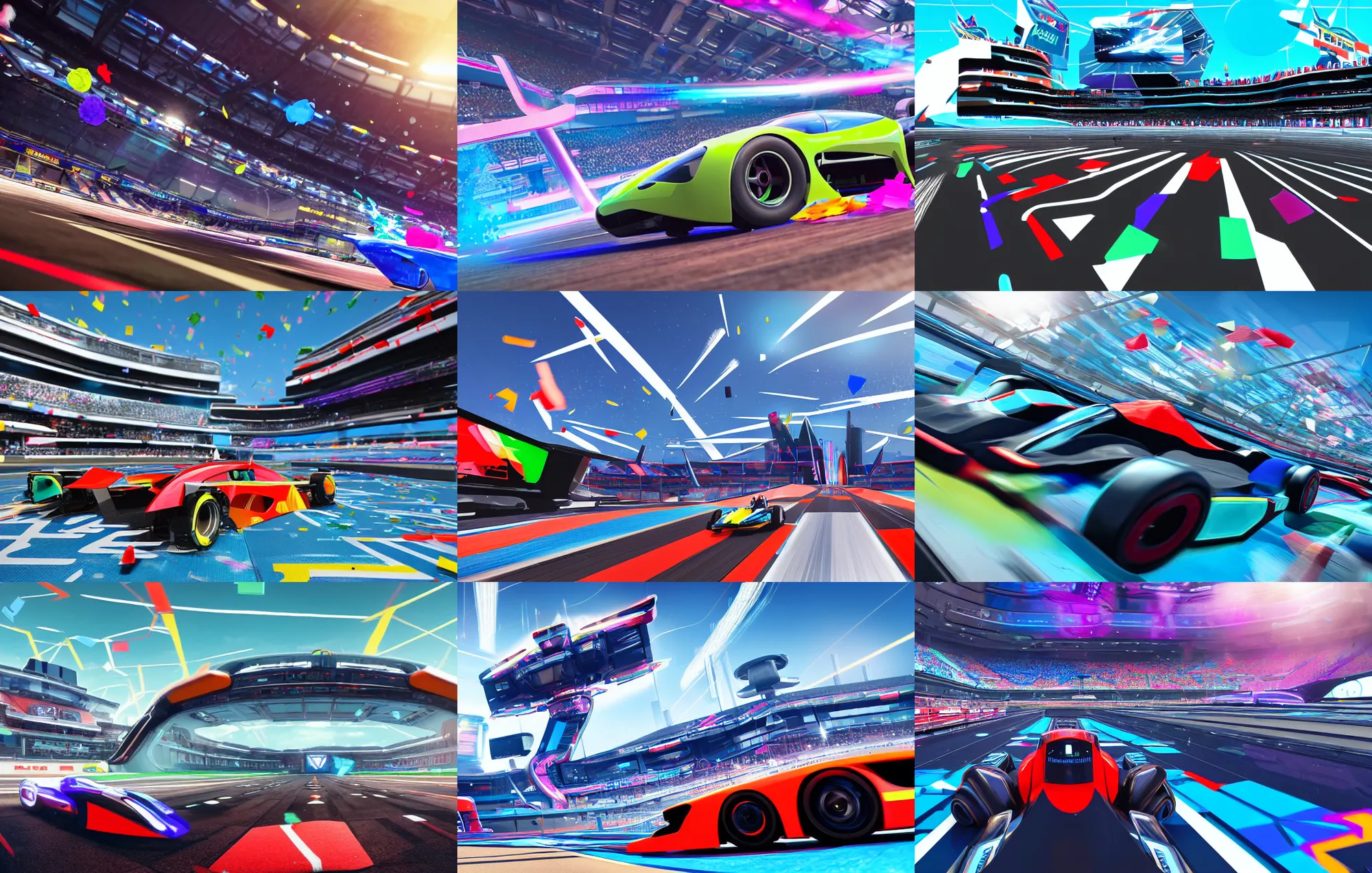 Prompt: wide angle shot of a futuristic racetrack from the attendee stands with confetti on a sunny day with a clear blue sky and big tv screens in the background showing the car race, cyberpunk, profile shot, digital painting, good value control, unreal engine 5, fourze, realistic textures, wipeout 2 0 4 8, f - zero